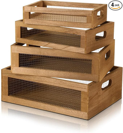 4 Pcs Wooden Nesting Countertop Baskets 4 Size Wooden Storage Box with Handle and Metal Wire Multipurpose Wood Organizer Crate for Fruit Vegetable Kitchen Cabinet Bathroom(Dark Brown,Small)