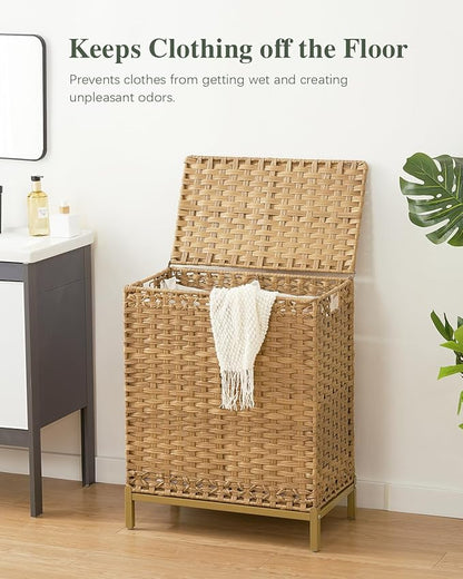 Laundry Hamper with Lid, 112 L Handwoven Rattan Wicker Laundry Basket, 2 Removable Liner Bags Metal Heightened Feet, 6 Mesh Bags, 2 Section Large Clothes Hamper for Bathroom Bedroom, Natural