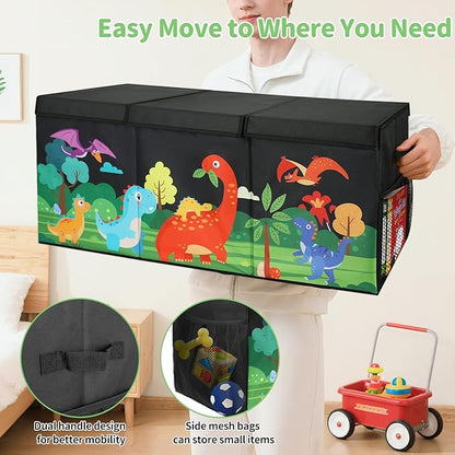 Extra Large Kids Toy Box, Foldable Toy Organizer with Dividers & Lids, 148L Dinosaur Storage Bin for Toddlers Boys Girls, Collapsible Chest for Toys, Books, Bedroom, Playroom, Nursery Black
