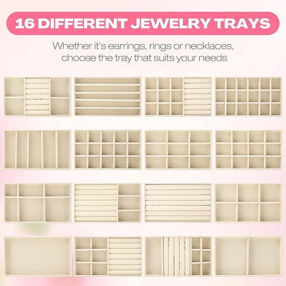 Landical 16 Pcs Stackable Jewelry Organizer for Drawer Velvet Jewelry Tray with Dividers Earring Holder & Ring Display Box Fits 8.4 x 5 x 1 Drawer Necklace Storage for Women, Girls (beige, 16 Styles)