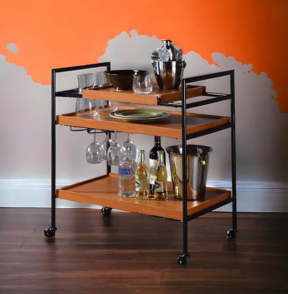 3-Tier Rolling Bar Cart, Honey Oak & Black Metal Frame, 29W x 14D x 33H inches