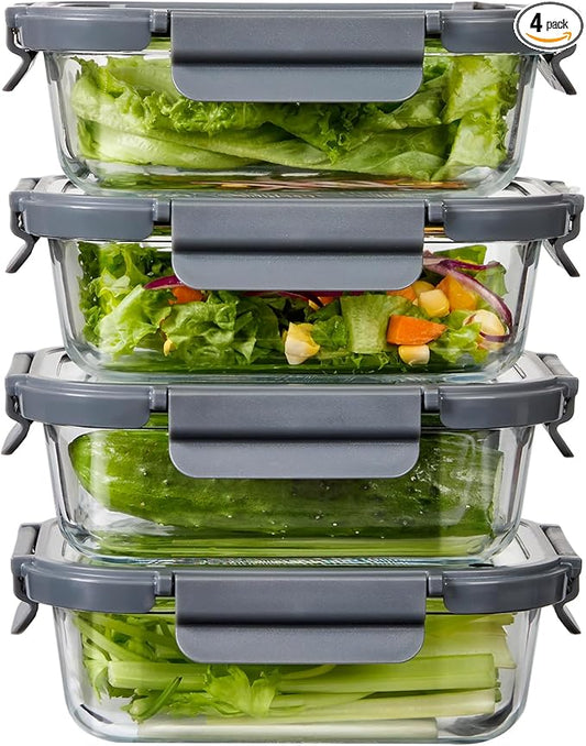Spreccio Glass Food Storage Containers with Glass Lids, 4 Pack of 22oz, Meal Prep Container with Airtight Lids, Microwave Safe Food Container Set, BPA Free, LeakProof, Ideal for Lunch