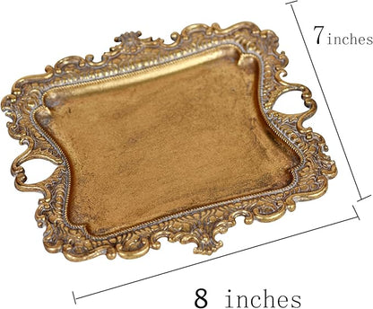 Funly mee Antique Trinket Dish Vintage Metal Jewelry Tray, Wedding Ring & Necklace Holder -8 x 7 inches (Gold, M)