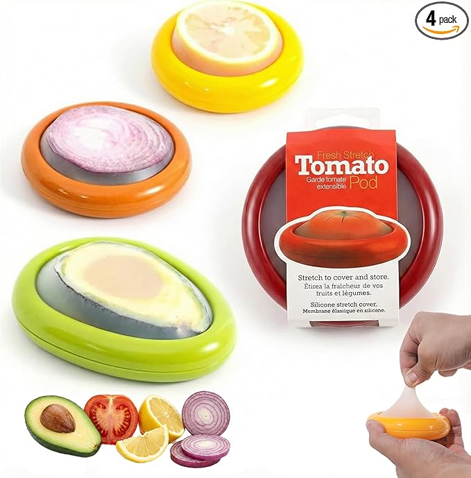 Generic Silicone Fruit And Vegetable Containers For Fridge,Reusable Holder For Food Storage,Fresh Stretch Pods For Food Saver (Green,Red,Yellow,Brown), FDPOD-02