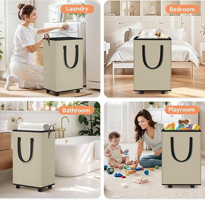 Laundry Basket with Wheels, Collapsible Laundry Baskets, Laundry Hamper with Handles Detachable Wheels, Rolling Laundry Basket, Dirty Clothes Hamper for Bathroom, Dorm, Bedroom, Beige, 80L