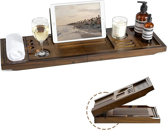 Realgulf Teak Bathtub Tray | Adjustable Width Tray with Wine Holder, Tablet/Phone & Book Stand, Splash-Proof for Bath Time- Walnut
