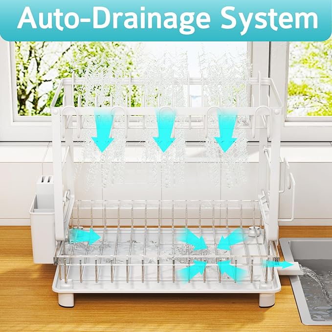 Nfnoyp Multifunctional Dish Drying Rack - Rustproof, 2-Tier Dish Racks with Drainboard, Space-Saving Design, Utensil & Cup Holder for Kitchen Counter, White