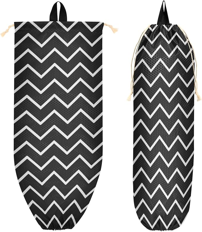 2 PCS Plastic Bag Holder Wall Mount Grocery Bag Holder Shopping Bag Trash Bag Storage Organizer Dispenser for Kitchen Closet 22 x 9 Inch Black and White Zigzag