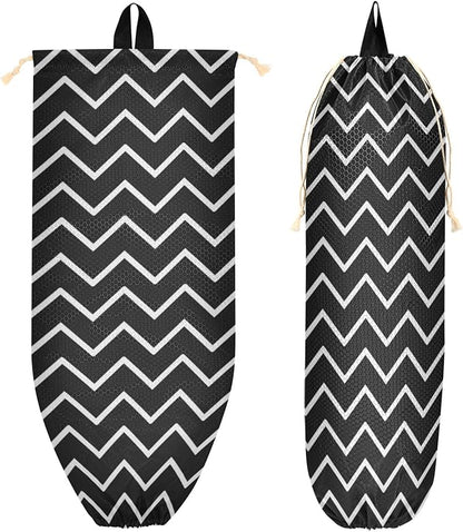 2 PCS Plastic Bag Holder Wall Mount Grocery Bag Holder Shopping Bag Trash Bag Storage Organizer Dispenser for Kitchen Closet 22 x 9 Inch Black and White Zigzag