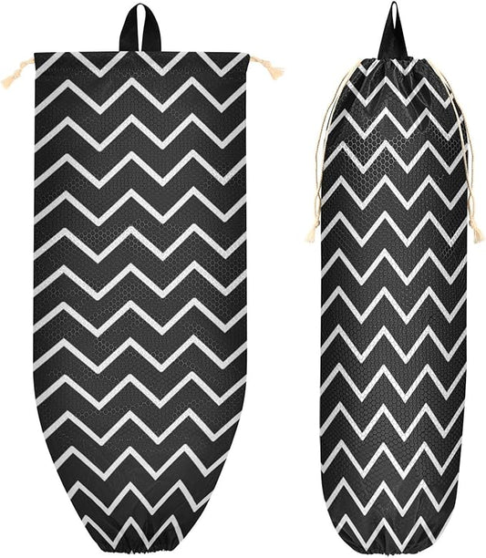 2 PCS Plastic Bag Holder Wall Mount Grocery Bag Holder Shopping Bag Trash Bag Storage Organizer Dispenser for Kitchen Closet 22 x 9 Inch Black and White Zigzag