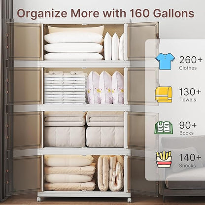 Extra Large Stackable Storage Bins, Lockable Storage Bins with Lids, Folding Storage box with Doors and Wheels, Collapsible Plastic Drawers for Home, Garage, Office (4, White, Extra Large)