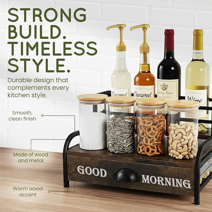 Coffee Syrup Rack Organizer – 3-Tier Coffee Bar Stand for Countertop, Rustic Wood & Metal Bottle Display Shelf with Coffee Pod Drawer, Wine Rack, Liquor Display Shelf for Home Coffee Station