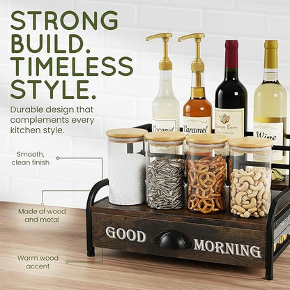 Coffee Syrup Rack Organizer – 3-Tier Coffee Bar Stand for Countertop, Rustic Wood & Metal Bottle Display Shelf with Coffee Pod Drawer, Wine Rack, Liquor Display Shelf for Home Coffee Station
