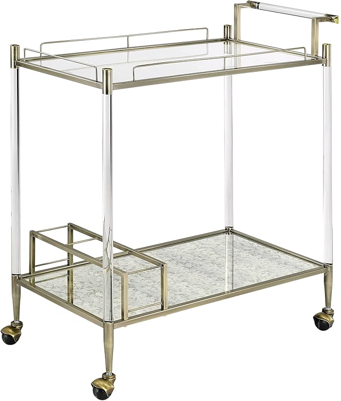Cirro Glass Bar Cart with Antique Mirror, 2-Tier Serving Cart with Wire Brass Finish Frame, 39x16x37 Inch, Rolling Wheels