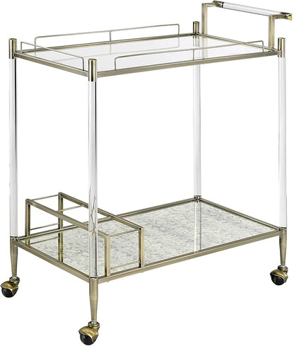 Cirro Glass Bar Cart with Antique Mirror, 2-Tier Serving Cart with Wire Brass Finish Frame, 39x16x37 Inch, Rolling Wheels