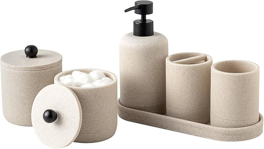 Haocoott Bathroom Accessories Set, 6 PCS Modern Bathroom Accessory Set with 15.2 OZ Soap Dispenser, Toothbrush Holder, Vanity Tray, Tumbler, 2 PCS Qtip Holders (Beige)