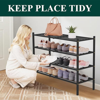 Smiry Long Bamboo Shoe Rack 4-Tier, Stackable Wooden Shoe Organizer for Entryway & Closet, Free Standing Wood Shoe Storage Shelf for Front Door & Small Spaces, Black