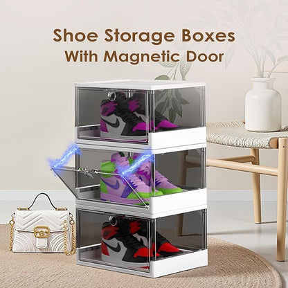 Thicken & Sturdy Clear Shoe Boxes with Magnetic Door, 3 Pack Stackable Multi-functional Shoe Storage, Shoe Organizer for Closet, Space Saving, 360 ° Dustproof & Moisture-proof, Fits Up to US Size 13