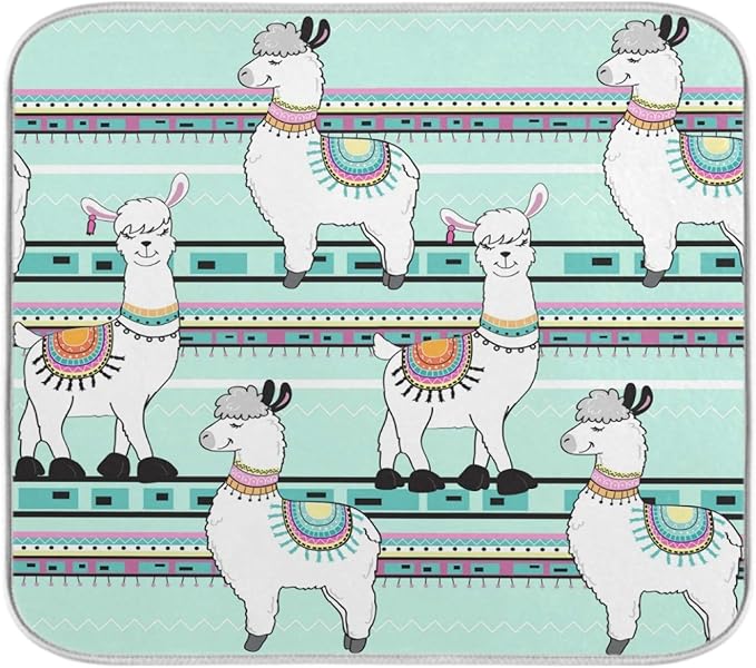 ZzWwR Tribal Cute Cartoon Llama Green 16 x 18 Inches Absorbent Dish Drying Mat Microfiber Kitchen Countertop Table Protector Multi-Purpose Counter Rack Sink Drainer Pad