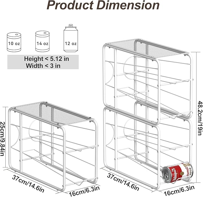 4 Pack Soda Can Organizer, Stackable Metal Can Dispenser for Pantry, Automatic Rolling Canned Food Organizer for Cabinet and Countertop, White.
