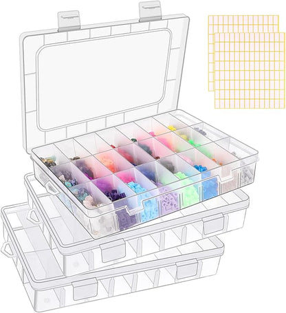 3 Pack 24 Grids Clear Plastic Storage Container With Adjustable Divider, Craft and Bead Organizer Box for DIY Jewelry Tackles With 2 Sheets Label Stickers