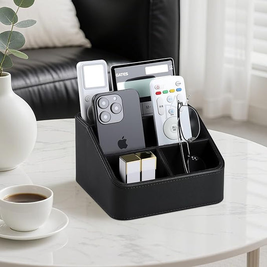 MEIBOOCH Remote Control Holder, PU Leather Small Desk Organizer with 4 Compartments, Nightstand Organizer Desk Caddy for Remote, Notepad, Phone, Glasses, and Accessories (Black)