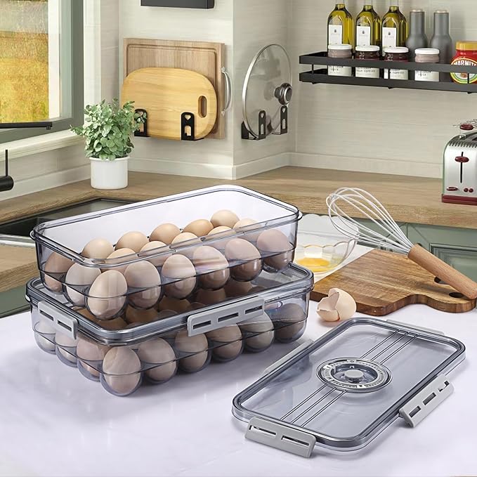 BSTKEY Egg Holder for Refrigerator, Egg Container with Time Scale, Egg Holder with Lid for Kitchen Storage, Stackable Tray for 24 Eggs