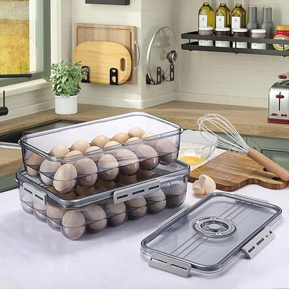BSTKEY Egg Holder for Refrigerator, Egg Container with Time Scale, Egg Holder with Lid for Kitchen Storage, Stackable Tray for 24 Eggs