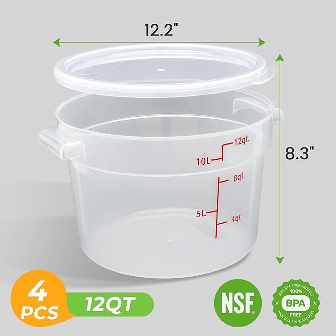BIEAMA 4 Pack Round Food Storage Containers with Lids, 12Qt Translucent Commercial Food Container, Polypropylene, BPA Free, Includes Labels & Measuring Cups