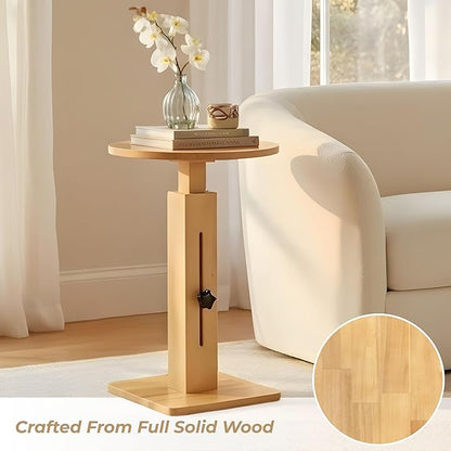 Behomes Aurin Solid Wood Nightstand, Modern Side Table with Adjustable Height, Round End Table, Accent Bedside Table for Bedroom, Living Room, Round Top, Natural