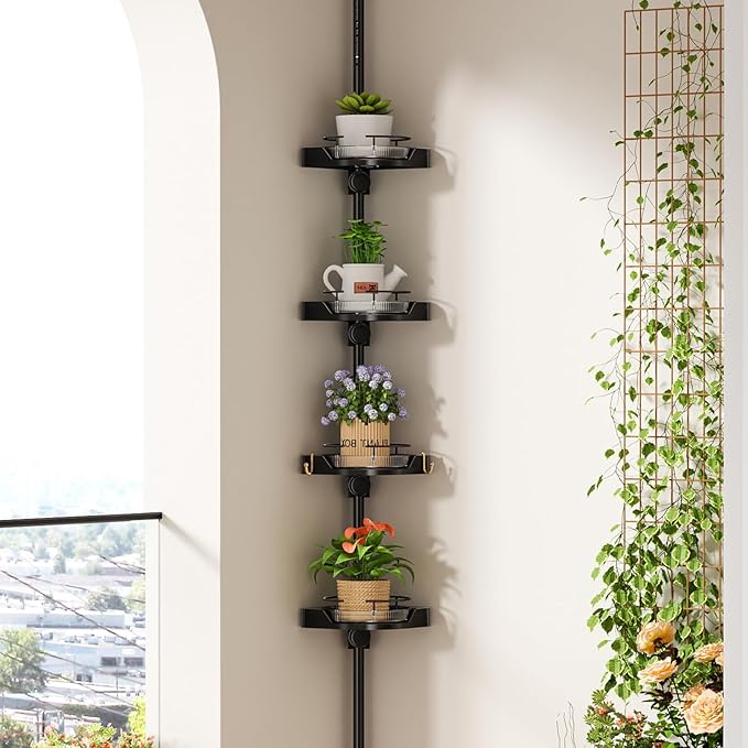shuang qing 360° Rotating Corner Shower Caddy Tension Pole Organizer - 4-Tier Adjustable Rustproof Metal Pole, Plastic Shelves with Safety Guardrail, Bathroom Storage for Shower & Bathtub(Black)
