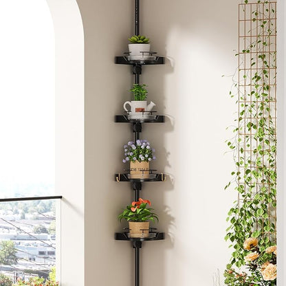 shuang qing 360° Rotating Corner Shower Caddy Tension Pole Organizer - 4-Tier Adjustable Rustproof Metal Pole, Plastic Shelves with Safety Guardrail, Bathroom Storage for Shower & Bathtub(Black)