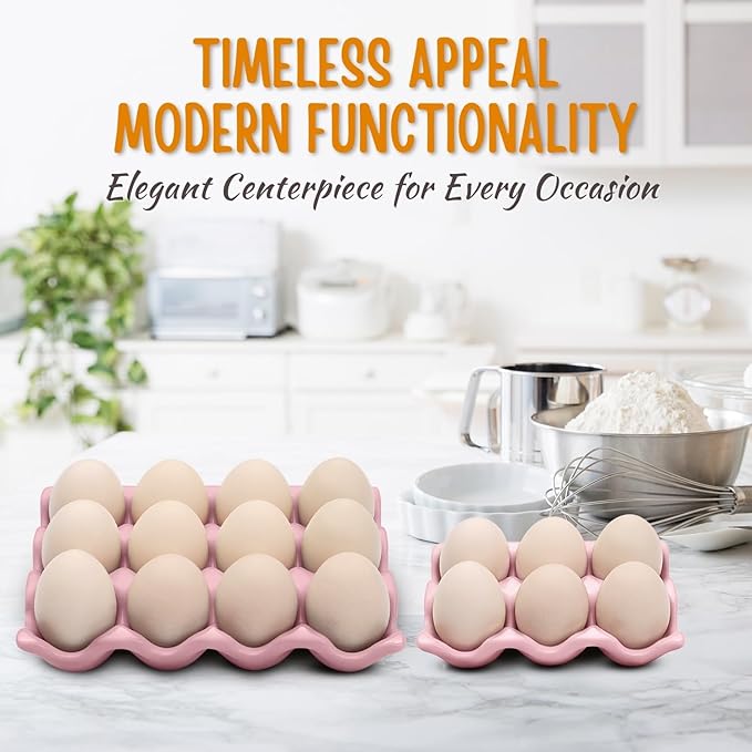 Flexzion 12 + 6 Cups Ceramic Egg Holder for Fridge - 18 Porcelain Egg Tray Container Keeper Storage Organizer Decorative Serving Stand Serveware for Refrigerator Countertop Display Kitchen (Pink)