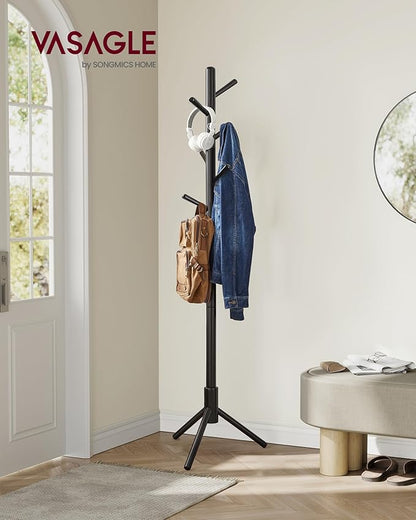 VASAGLE Solid Wood Coat Rack, Free Standing Tree-Shaped Coat Rack with 8 Hooks, 3 Height Options, for Clothes, Hats, Bags, Living Room, Bedroom, Home Office, Black URCR04BK