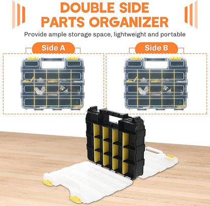 Small Parts Organizer 2 Pack | Storage Case Tools Box 34-Compartments Double Side Organizer Box with Removable Dividers for Small Hardware, Screws, Bolts, Nuts, Nails, Beads (Yellow)