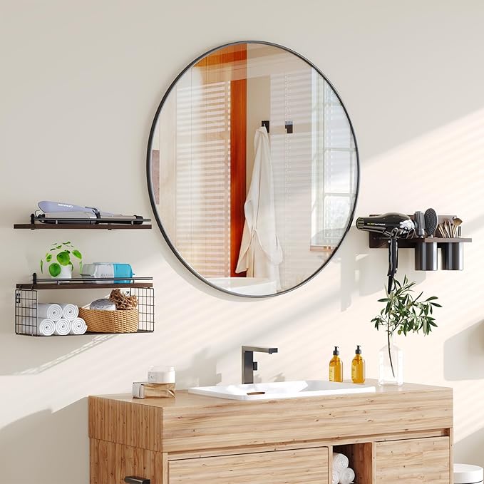 RoleDes Bathroom Floating Shelves Wall Mounted Set of 3, Bathroom Wall Shelf with Blow Dryer Holder & Hair Tool Organizer, Above Toilet Floating Shelves, Modern Farmhouse