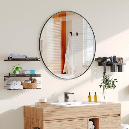 RoleDes Bathroom Floating Shelves Wall Mounted Set of 3, Bathroom Wall Shelf with Blow Dryer Holder & Hair Tool Organizer, Above Toilet Floating Shelves, Modern Farmhouse