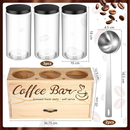 3 Pcs Coffee Canister Set with Shelf and Spoon Plastic Coffee Bean Storage Container with Lids Coffee Storage Box with Drawer Food Storage Jars for Coffee Bar Kitchen (Wood Color)