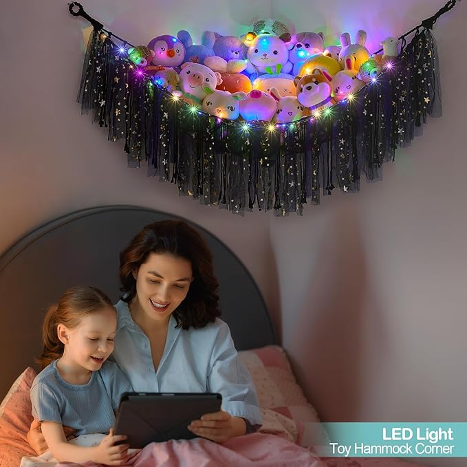 FIOBEE Stuffed Animals Net or Hammock with LED Light, Toy Hammock Hanging Stuffed Animals Storage Organizer Holder Room Décor for Nursery Kids Bedroom