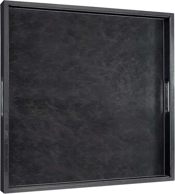 20 * 20 inches Leather Square Serving Tray with Hole Handles,High-End Light Large Service Tray for Ottoman Tray, Tea, Food, Butler - Countertop, Kitchen,Family Dinner, Picnic (Black)