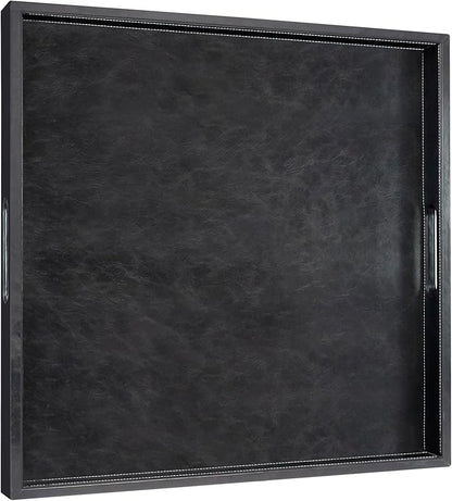20 * 20 inches Leather Square Serving Tray with Hole Handles,High-End Light Large Service Tray for Ottoman Tray, Tea, Food, Butler - Countertop, Kitchen,Family Dinner, Picnic (Black)