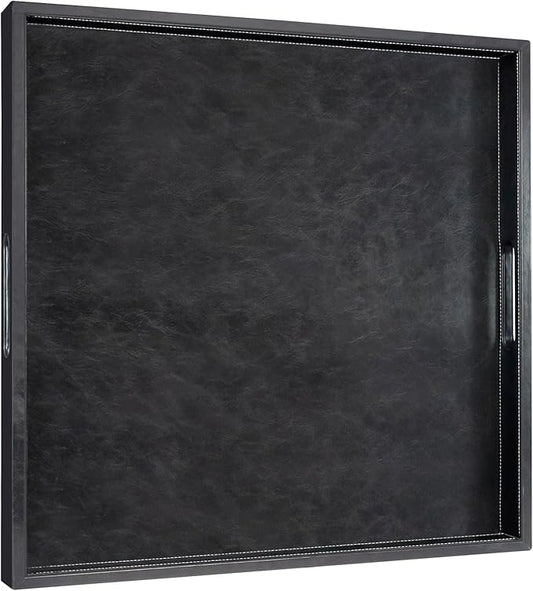 20 * 20 inches Leather Square Serving Tray with Hole Handles,High-End Light Large Service Tray for Ottoman Tray, Tea, Food, Butler - Countertop, Kitchen,Family Dinner, Picnic (Black)
