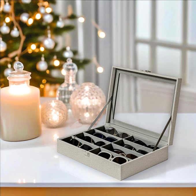UnionPlus 8-Slots Sunglasses Case Organizer, Eyeglass Glasses Display Holder Collector, Multiple Sunglasses Storage Case, Beige Liner Faux Leather