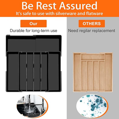 Silverware Organizer - Expandable Utensil Drawer Organizer, Adjustable Silverware Drawer Organizer, Plastic Kitchen Drawer Organizer for Forks, Knives, Kitchen Organizer Dividers, Black