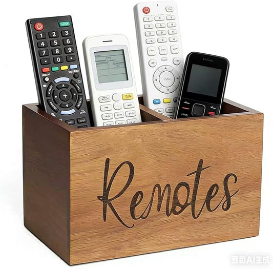 Acacia Wood TV Remote Holder, Caddy and Organizer for Table, Vintage Farmhouse Desk Caddy (Brown, 4+ Remotes)