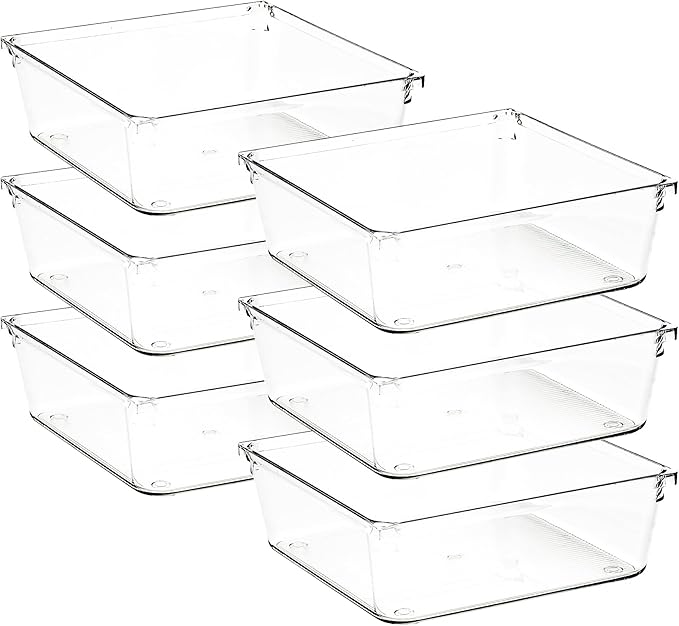 Ravinte Decor 6 Pack Drawer Organizer - 6" X 6" Clear Acrylic Storage Bins with Non-Slip Pads, Versatile Desk Tray for Makeup, Jewelry, Kitchen, Bathroom, and Office Organization