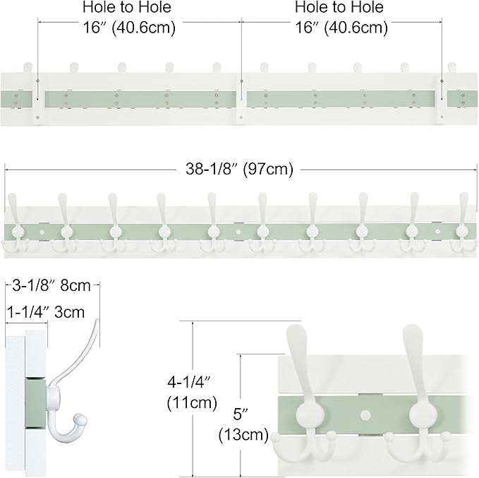 SKOLOO Coastal Coat Rack Wall Mount-38-1/8 Beach House Entryway Wooden Coat Hook with 10 Hooks for Hanging Coats, Hats or Towels, Oceanfront Cottage Core Collection, White & Green, Pack of 2