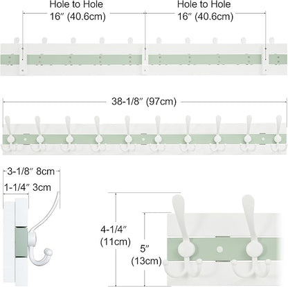 SKOLOO Coastal Wall Mounted Coat Rack - 38-1/8" Beach House Entryway Wooden Coat Hook with 10 Hooks for Hanging Coats, Hats or Towels, Oceanfront Cottage Core Collection, White & Green