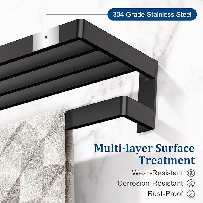TNOMS Matte Black Double Towel Bar,Towel Racks for Bathroom 23.6-inch Towel Holder Stainless Steel Wall-Mounted Bathroom Hardware Accessories