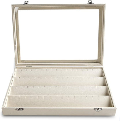Frebeauty Earring Organizer Tray with Clear Lid 64 Slots Velvet Drawer Insert Earring Storage box with Transparent Glass lid Jewelry Display Case Store Showcase Gifts for Women(Beige, Earrings)
